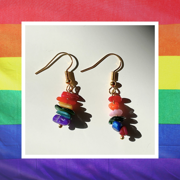 Boucle d'oreille symbolique des fiertés et des causes LGBTQIA+, fait de 6 pierres naturelles aux couleurs de l'arc-en-ciel / du drapeau Pride flag, à (s')offrir comme cadeau de célébration