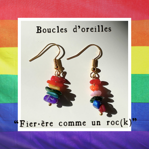 Boucle d'oreille symbolique des fiertés et des causes LGBTQIA+, fait de 6 pierres naturelles aux couleurs de l'arc-en-ciel / du drapeau Pride flag, à (s')offrir comme cadeau de célébration