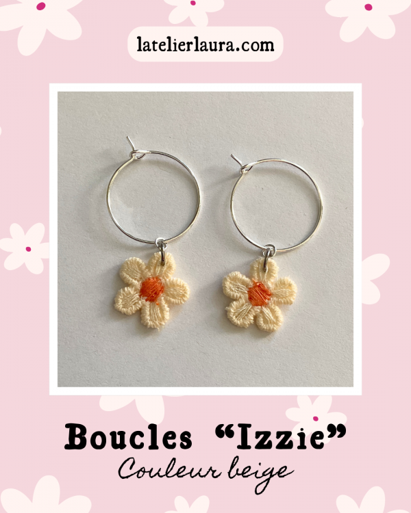 Boucles d'oreilles simples 'Izzie', fleurs brodées en tissu légères à porter – Image 2